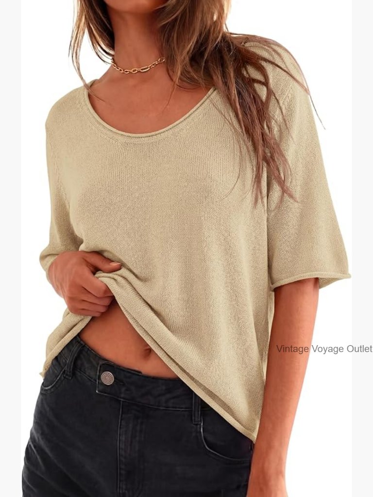 Oversized Short Sleeve Knit Pullover Sweater Women Lightweight Casual Tunic Top